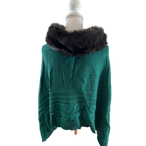 Talbots Cable Knit Faux Fur Trim Poncho Cape Evergreen S - Picture 1 of 6